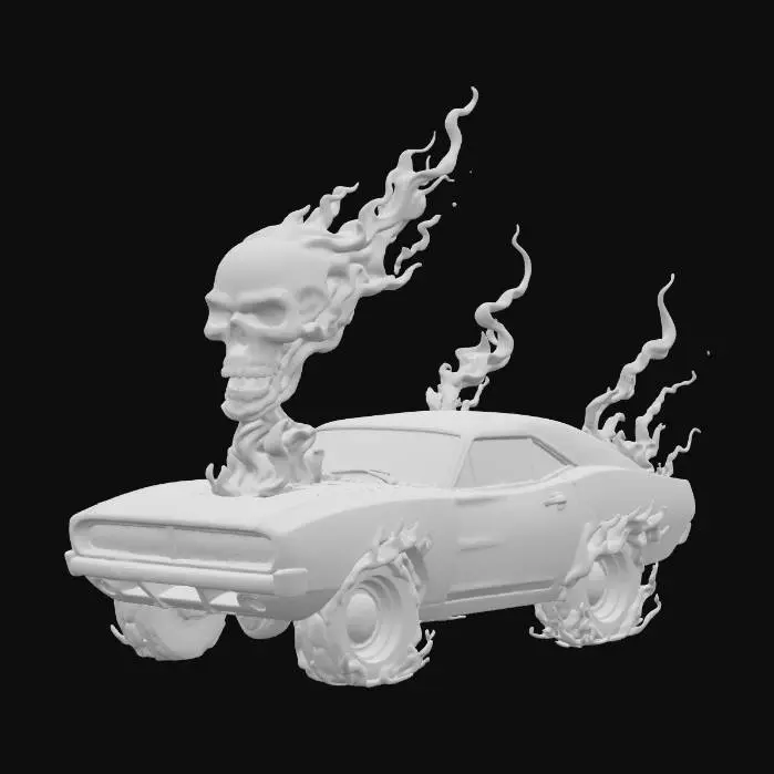 3D model for This is a 3D-rendered image of a sleek, black muscle car with a supernatural, fiery appearance. The car closely resembles a late 1960s Dodge Charger, with a wide stance, aggressive front grille, and sharp body lines.

The standout features are the hellish flames:

Wheels: All four wheels are engulfed in bright orange and red fire, giving the impression they are burning as they spin. The flames trail outward, making the car look fast even while standing still.

Engine: Bursting out of the hood is a massive fiery supercharger shaped like a skull, made entirely of roaring flames. The blazing head leans forward with a menacing, living presence.

Body: The matte black surface of the car contrasts against the fiery glow, giving it a sinister, demonic vibe.

