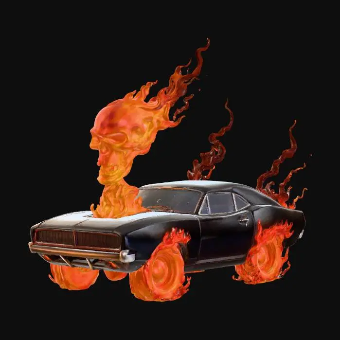 3D model for This is a 3D-rendered image of a sleek, black muscle car with a supernatural, fiery appearance. The car closely resembles a late 1960s Dodge Charger, with a wide stance, aggressive front grille, and sharp body lines.

The standout features are the hellish flames:

Wheels: All four wheels are engulfed in bright orange and red fire, giving the impression they are burning as they spin. The flames trail outward, making the car look fast even while standing still.

Engine: Bursting out of the hood is a massive fiery supercharger shaped like a skull, made entirely of roaring flames. The blazing head leans forward with a menacing, living presence.

Body: The matte black surface of the car contrasts against the fiery glow, giving it a sinister, demonic vibe.

