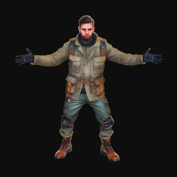 3D model for A contemporary urban survivalist in a heavily customized, heavy oilskin canvas jacket and multi-layered leather knee pads. His backpack is strung with worn aluminum tools and nylon ropes. Deeply sculpted face, rough stubble, and alert eyes. *Requirement: Hyper-realistic, detail-oriented, emphasizing the canvas's waterproofing, the wear of the leather, and the severe weathering of all metal components.