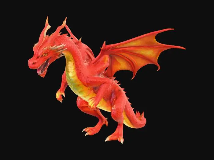 3D model for ein roter drache der auf zwei beinen sthet und feuer speit

