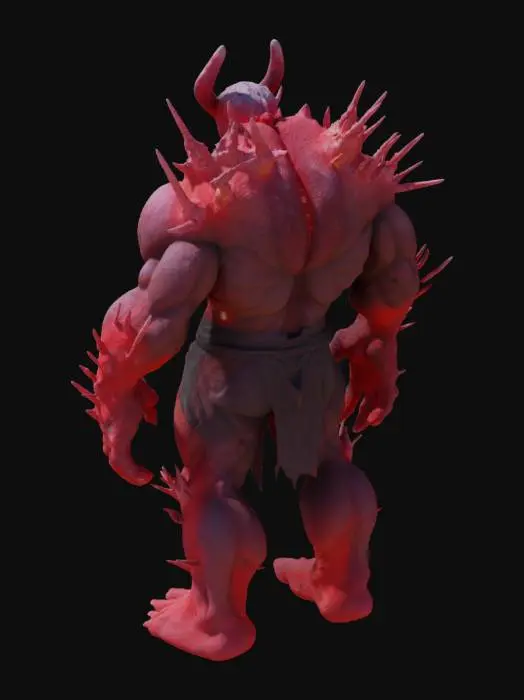 3D model for Towering muscular humanoid with skin glowing from internal crimson light. Body covered in crystallized red formations creating partial armor. Veins visibly pulsing with red energy beneath translucent skin. Eyes and mouth emit bright red light. Crystallized red weapons forming from and attached to arms. Distorted reality effect around his form.