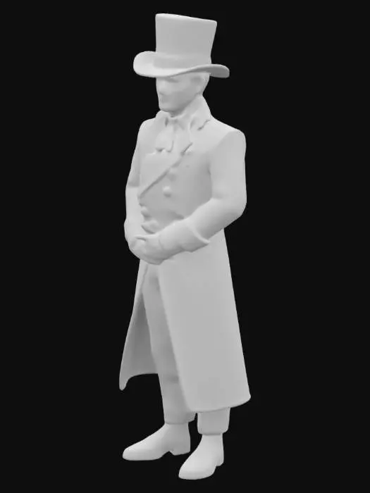 3D model for The prompt is to create a 3D model of a Georgian gentleman in a dark, candlelit room, wearing a midnight-blue tailcoat with gold embroidery and a black silk top hat. The atmosphere is filled with tension, with dim light flickering across a mahogany desk and dust motes swirling around him. The color palette is muted, with a faint golden glow clinging to his silhouette, evoking themes of confession, hidden secrets, and moral conflict. The model should be adjusted if needed.