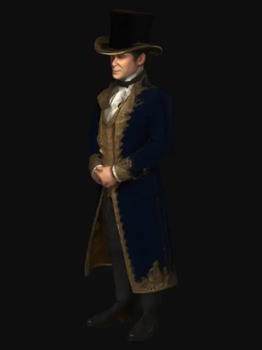 3D model for The prompt is to create a 3D model of a Georgian gentleman in a dark, candlelit room, wearing a midnight-blue tailcoat with gold embroidery and a black silk top hat. The atmosphere is filled with tension, with dim light flickering across a mahogany desk and dust motes swirling around him. The color palette is muted, with a faint golden glow clinging to his silhouette, evoking themes of confession, hidden secrets, and moral conflict. The model should be adjusted if needed.