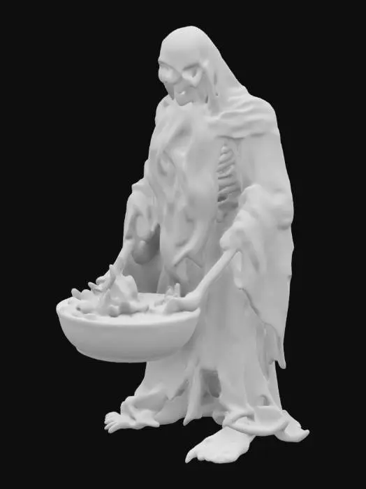 3D model for A towering, skeletal figure hunched over, draped in tattered, soot-stained robes. His pale, blistered skin clings to his frail frame, veins and burns visible beneath. A long, matted white beard spills over his chest, partially hiding his hollow eyes and gaunt, sorrowful face. His clawed hands grip a massive, rusted bronze bowl filled with smoldering embers, ash covering his arms. His trembling form and ragged breath exude agony, as if cursed to suffer eternally, Highly Detailed,