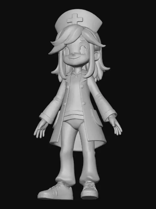 3D model for Crea un NPC per un gioco pokemon-like, da poter inserire nel mondo di gioco. il personaggio è una donna dai capelli rossi paticolati, che fa l'infermiera. Crea solo il personaggio ed i suoi abiti, niente scritte ecc. Ottimizzalo per poterlo animare e metti le braccia estese  orizzontalmente, come a creare una T con il corpo. Ricordati ceh verrà inserito un videogioco pokemon-like