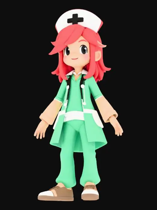 3D model for Crea un NPC per un gioco pokemon-like, da poter inserire nel mondo di gioco. il personaggio è una donna dai capelli rossi paticolati, che fa l'infermiera. Crea solo il personaggio ed i suoi abiti, niente scritte ecc. Ottimizzalo per poterlo animare e metti le braccia estese  orizzontalmente, come a creare una T con il corpo. Ricordati ceh verrà inserito un videogioco pokemon-like