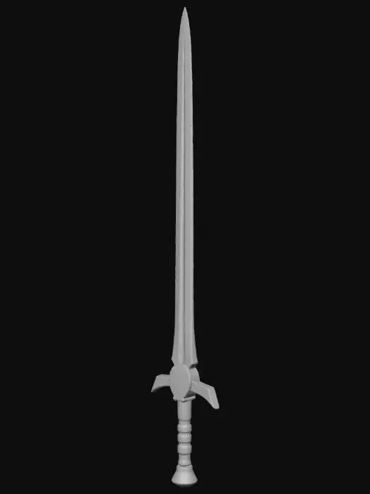 3D model for A fantasy-style medieval longsword features a sturdy, unpolished iron blade with a slightly dark, metallic sheen and minor hammer marks, suggesting its basic craftsmanship. The hilt comprises a simple, straight iron crossguard and pommel, both exhibiting a dull, aged metal texture. Its handle is wrapped in dark, plain wood, smooth yet subtly textured from natural grain, providing a firm, tactile grip. The overall shape is classic, balanced, and functional, with an imposing yet understated presence.