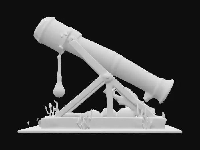 3D model for Trebuchet frame in dark wood and metal with a matte finish. The arm is made of shiny silver-black metal with red energy elements. Anti-gravity engines under the devices, illuminated in orange. Bullets encased in semi-perennial, glowing stones. The base is decorated with patterns resembling fiery flames. HQ REALISTIC STYLE , #ChronoForgeWeapon#