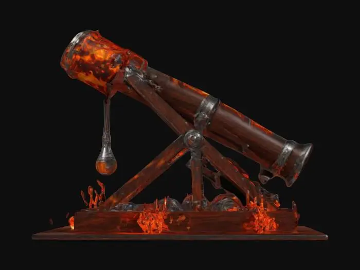 3D model for Trebuchet frame in dark wood and metal with a matte finish. The arm is made of shiny silver-black metal with red energy elements. Anti-gravity engines under the devices, illuminated in orange. Bullets encased in semi-perennial, glowing stones. The base is decorated with patterns resembling fiery flames. HQ REALISTIC STYLE , #ChronoForgeWeapon#