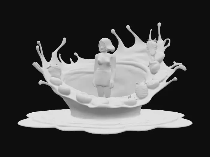 3D model for Abstrakcyjny, surrealistyczny model 3d kobiety ktora stoi w centrum mlecznego tornada. W tornadzie widac dużą ilość realistycznie wygladajacych, duzo większych ( nieproporcjonalne do kobiety ) owoców, kawałki truskawek, plasterki pokrojonego banana, jagody. Wystepuje równiez cienka warstwa czekoladowego mleka szalejąca wewnatrz tornada.