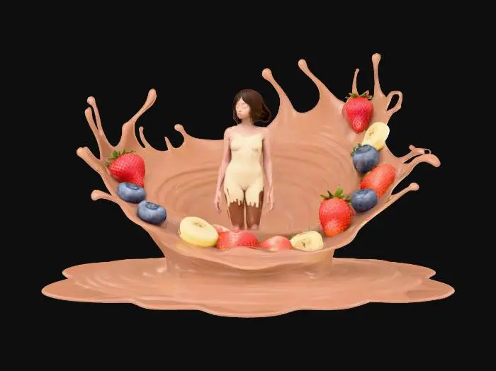 3D model for Abstrakcyjny, surrealistyczny model 3d kobiety ktora stoi w centrum mlecznego tornada. W tornadzie widac dużą ilość realistycznie wygladajacych, duzo większych ( nieproporcjonalne do kobiety ) owoców, kawałki truskawek, plasterki pokrojonego banana, jagody. Wystepuje równiez cienka warstwa czekoladowego mleka szalejąca wewnatrz tornada.