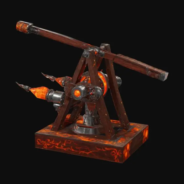 3D model for Trebuchet frame in dark wood and metal with a matte finish. The arm is made of shiny silver-black metal with red energy elements. Anti-gravity engines under the devices, illuminated in orange. Bullets encased in semi-perennial, glowing stones. The base is decorated with patterns resembling fiery flames. HQ REALISTIC STYLE , #ChronoForgeWeapon#