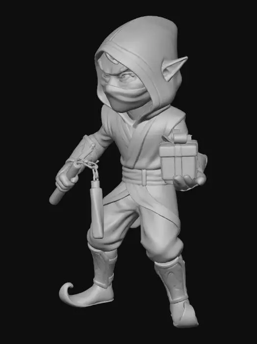 3D model for create an image of a ninja elf with a red and green outfit on and pointy shoes. give him some nun chucks in one hand and a present in the other hand. give him a ninja mask.