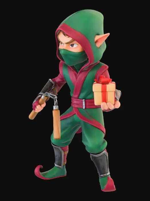 3D model for create an image of a ninja elf with a red and green outfit on and pointy shoes. give him some nun chucks in one hand and a present in the other hand. give him a ninja mask.
