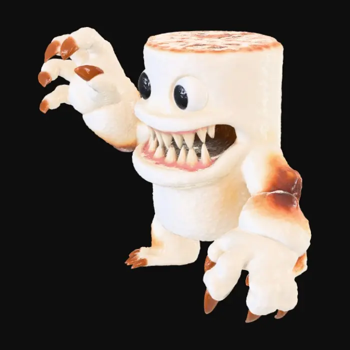 3D model for create an image of a giant marshmallow monster with large claws and sharp teeth.