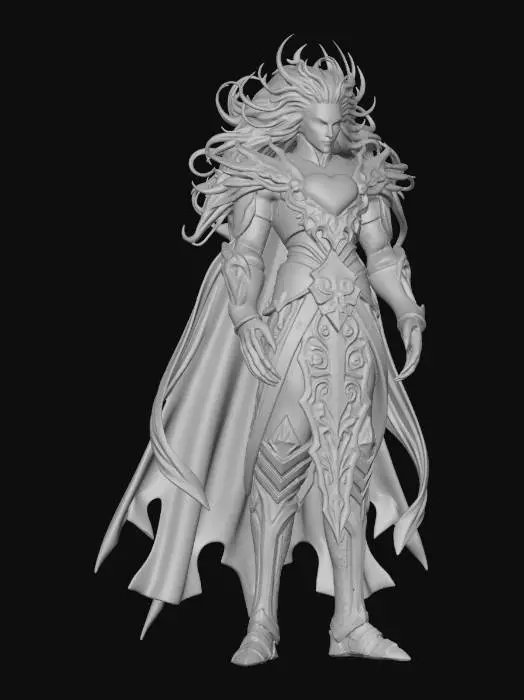 3D model for ultra high detailed valentin death lord with a celestial heart , full Body, extremely realistic high details. ultra high detailed Armor , filigree, extremly ultra high Detailed Body, Face, , Hair , use Fantasy 3d style for printing 15 cm Models.