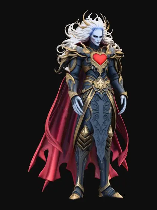 3D model for ultra high detailed valentin death lord with a celestial heart , full Body, extremely realistic high details. ultra high detailed Armor , filigree, extremly ultra high Detailed Body, Face, , Hair , use Fantasy 3d style for printing 15 cm Models.