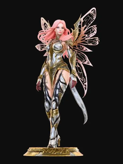 3D model for ultra high detailed female Filigree Android with high resolution detailed wings, dressed in extremely realistic high detailed filigree Armore,
extremly high Detailed Body, Face, Hair, epic actionh, high resolution texture and Fantasy 3d style for printing 15 cm Models.
