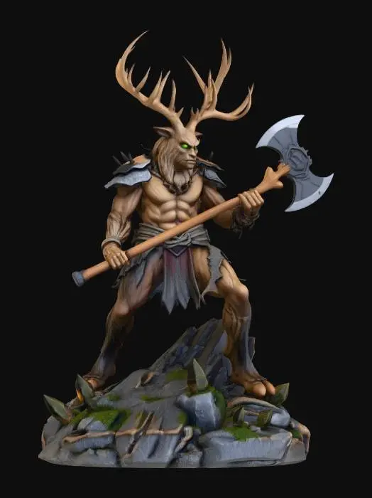 3D model for Highly detailed forest guardian warrior made of ancient bark, roots, and layered leaves. 
Humanoid silhouette with muscular wooden anatomy, glowing green eyes, and branch‑antler crown. 
Armor formed from interlocking bark plates, vine wraps, and leaf‑draped shoulder elements. 
Large double‑bladed axe with natural wood handle and glowing runic accents. 
Dynamic stance on rocky forest base with crystals and moss.

Emphasize:
- clean, printable macro‑shapes
- reinforced antlers and branch protrusions
- thickened leaf tips and bark ridges
- crisp edge definition on axe blades
- stable, well‑supported pose
- unified surface flow for resin printing

Style:
dark‑fantasy, ancient forest magic, organic armor, subtle bioluminescent accents.

Modeling priorities:
- watertight mesh
- no floating islan