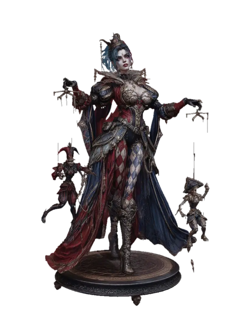 Harlequin Queen of Balance 3D model, vytvořený pomocí AI