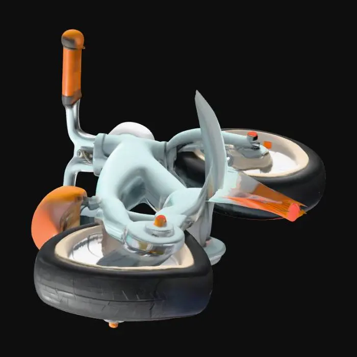 3D model for Ein minimalistisches Fahrrad im Comic-Stil. Es besitzt einen einfach geformten Rahmen aus glattem, lackiertem Metall, der Stabilität vermittelt. Zwei robuste Räder mit klar definierten Speichen, Felgen und leicht aufgeblähten Reifen aus glänzendem Gummi betonen den Cartoon-Look. Ein kleiner, abgerundeter Sattel aus glattem Kunststoff, ein einfacher Lenker mit klobigen Griffen sowie zylindrische Vorder- und Rücklichter mit leicht leuchtenden Oberflächen vervollständigen die schlichte, aber deutliche Erscheinung.