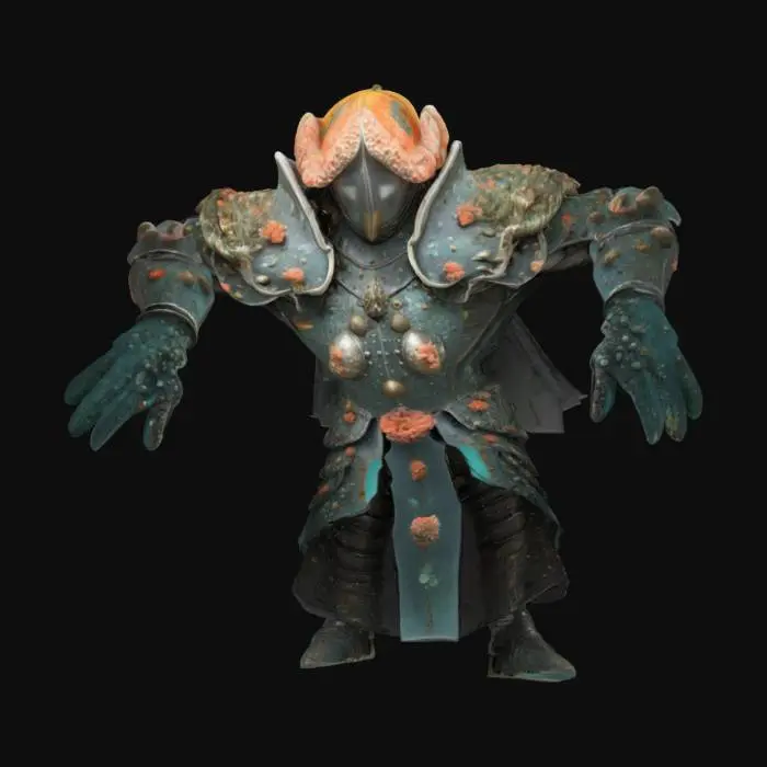 3D model for A medieval knight transformed by the deep sea, covered in barnacles and living coral, with a helm shaped like a nautilus shell and armor plated with chitin and sea glass, stylized for a fantasy RPG. A or T Pose. #ocean#