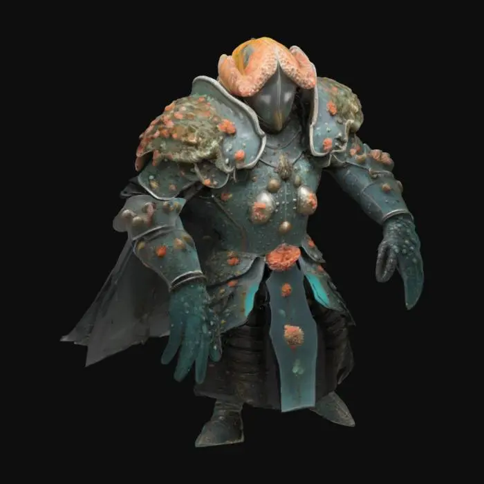 3D model for A medieval knight transformed by the deep sea, covered in barnacles and living coral, with a helm shaped like a nautilus shell and armor plated with chitin and sea glass, stylized for a fantasy RPG. A or T Pose. #ocean#