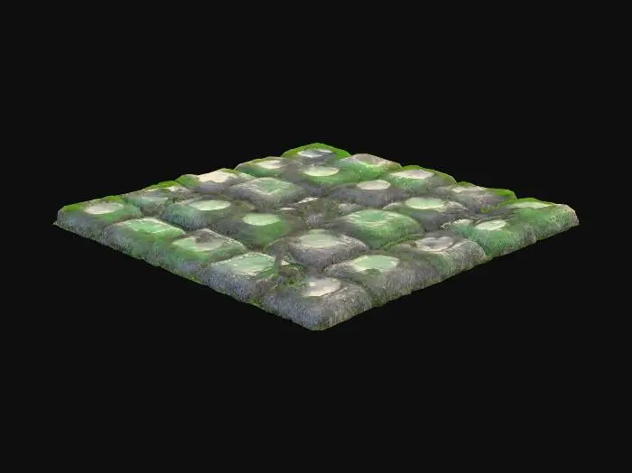 3D model for green moss and roots on cobble stone floor.