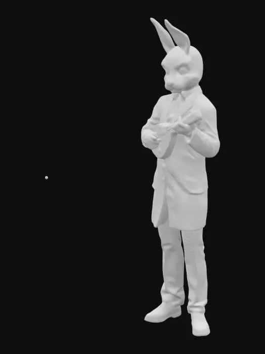 3D model for an elegant man with the head of a rabbit with an ukulele in hishands