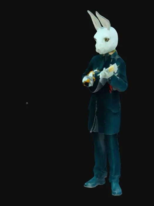 3D model for an elegant man with the head of a rabbit with an ukulele in hishands