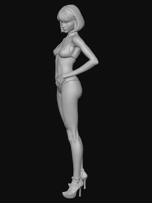 3D model for A sleek and athletic female character, Ada Wong, stands with a confident posture, her dark hair styled into a sharp, glossy bob. She wears a form-fitting, two-piece swimsuit made of a smooth, stretchable fabric, emphasizing a slender, toned physique. Her feet are adorned with elegant, high-heeled escarpin shoes, crafted from a shiny, possibly patent leather material, featuring a pointed toe and a slender, elevated heel. The overall appearance highlights dynamic lines and refined textures.