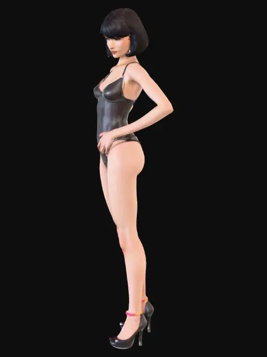 3D model for A sleek and athletic female character, Ada Wong, stands with a confident posture, her dark hair styled into a sharp, glossy bob. She wears a form-fitting, two-piece swimsuit made of a smooth, stretchable fabric, emphasizing a slender, toned physique. Her feet are adorned with elegant, high-heeled escarpin shoes, crafted from a shiny, possibly patent leather material, featuring a pointed toe and a slender, elevated heel. The overall appearance highlights dynamic lines and refined textures.