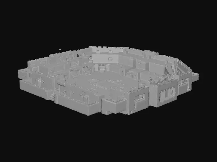 3D model for Minecraft competitive PvP arena, symmetrical layout for fair gameplay, multiple height levels, cover walls, jump pads, open center combat zone, balanced tactical design, clean block geometry, stone, quartz and black concrete palette, glowing accents, modern minimalistic Minecraft style, voxel based structure, optimized low poly mesh, clean topology, game-ready asset, PBR pixel textures, high detail but performance optimized, studio lighting render, centered composition, no artifacts