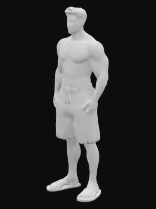 3D model for homem caucasiano jovem forte sem camisa,  com bermuda estilo floral de praia e piscina e sandália de dedos.