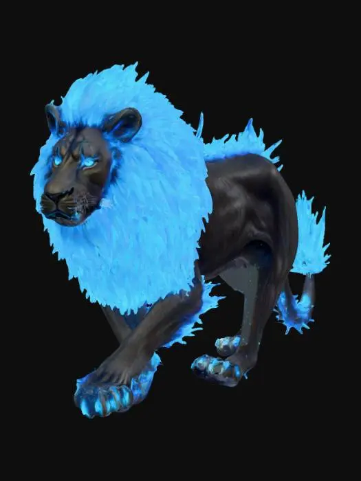 3D model for a lion with black skin, blue glowing veins, and a mane burning blue fire. with blue eyes, and a long tail. , #PBR#
