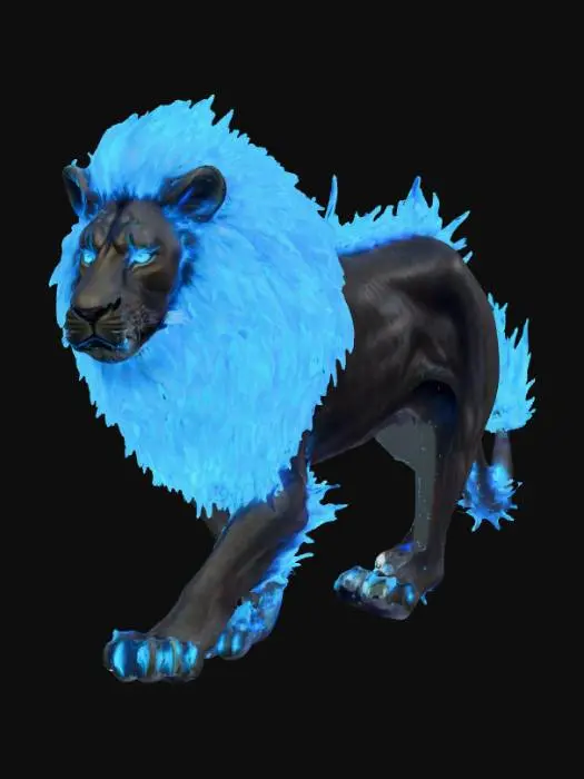 3D model for a lion with black skin, blue glowing veins, and a mane burning blue fire. with blue eyes, and a long tail. , #PBR#
