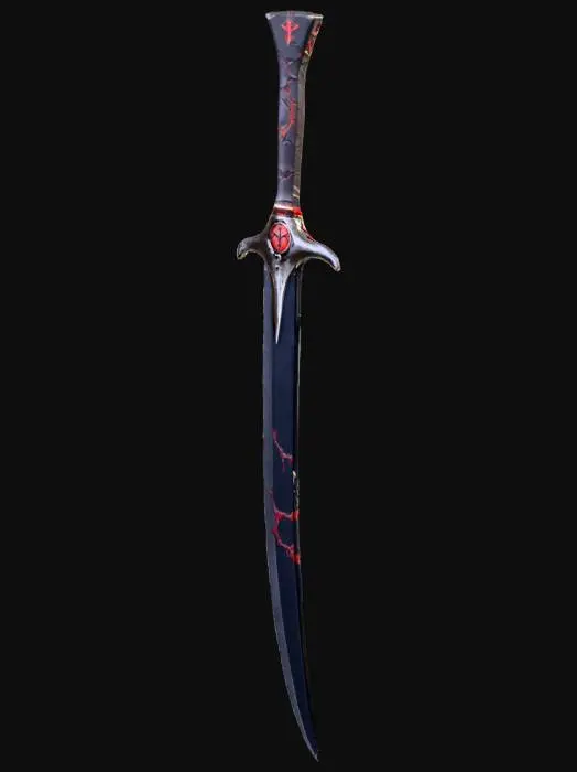 3D model for a black curved dagger with red cracks on the blade, looking red. with a symbol on the leather hilt
