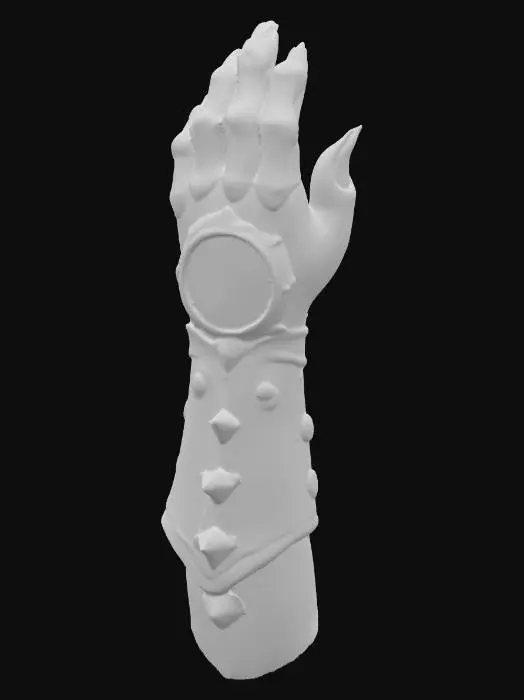 3D model for a silver gauntlet with gold rings.  and a big circular stone that's got a flaming eye on it. the eye is orange, with streaks of black. , #PBR#