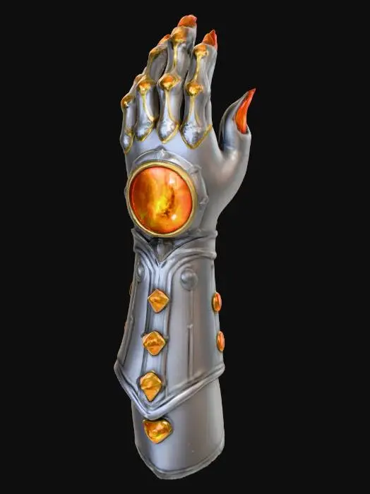 3D model for a silver gauntlet with gold rings.  and a big circular stone that's got a flaming eye on it. the eye is orange, with streaks of black. , #PBR#