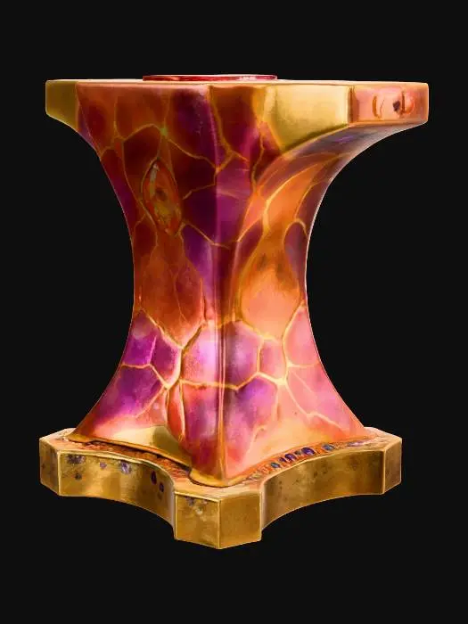 3D model for a golden anvil with orange, glowing cracks on it. dressed with sapphires around it, and a 360 degree shaped amethyst