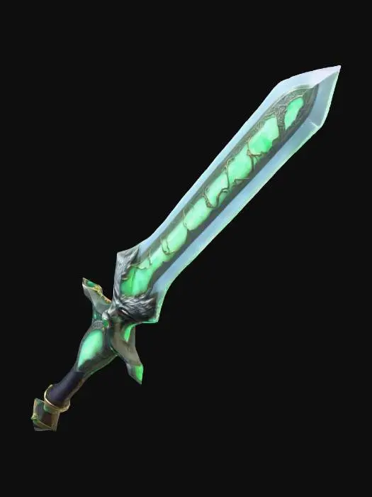 3D model for a sword with faint veins of glowing pale green, and a wolf face on the hilt. The blade is covered by emeralds on the side, and jade stones on the wolf's eyes, #PBR#