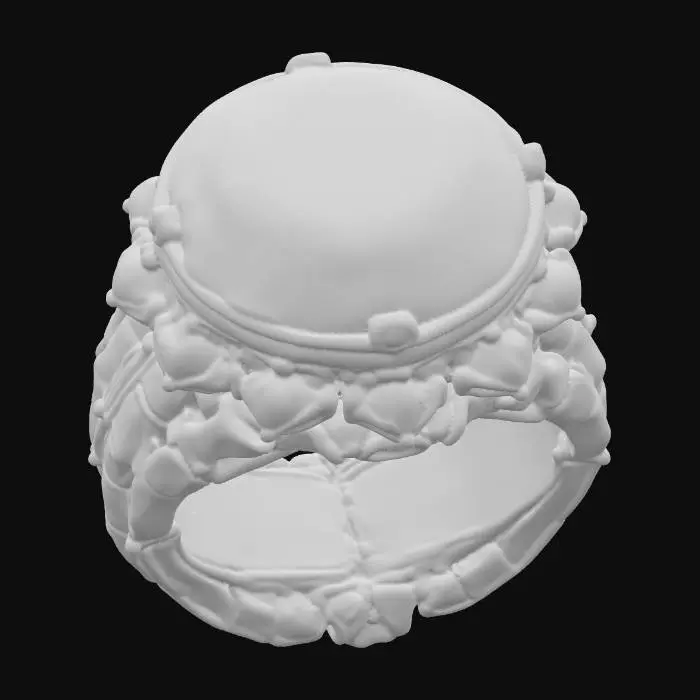 3D model for a gold ring with a black stone with red glowing veins on it. Thick, and large, with  small rubies around it.
, #PBR#