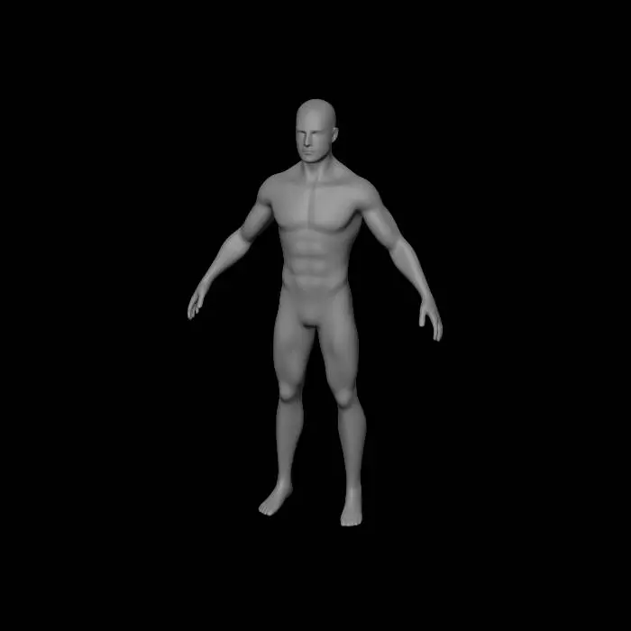 3D model for Stylized humanoid base mesh, male, athletic muscular build, A-pose, standing straight, looking forward, clean quad topology, low poly, game-ready, no hair, no clothes.