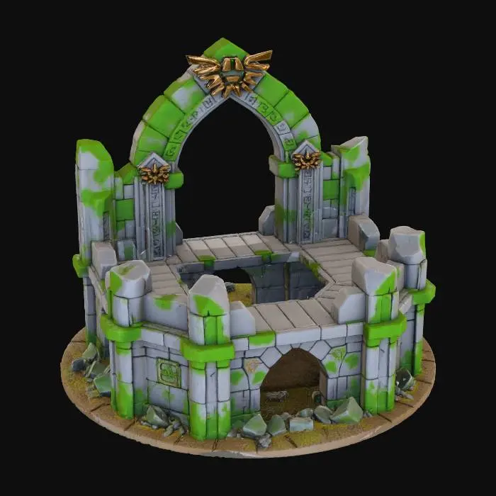 3D model for A piece of plastic wargaming scatter terrain, make it a ruin of hyrule, be sure to allow for playability as well as including hyrulean iconography
