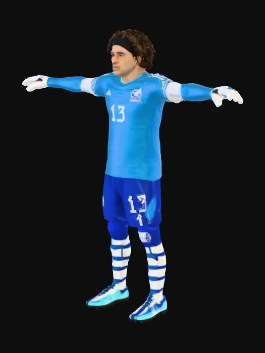 3D model for Goalkeeper in T pose. Wearing a soccer uniform with the number 13.