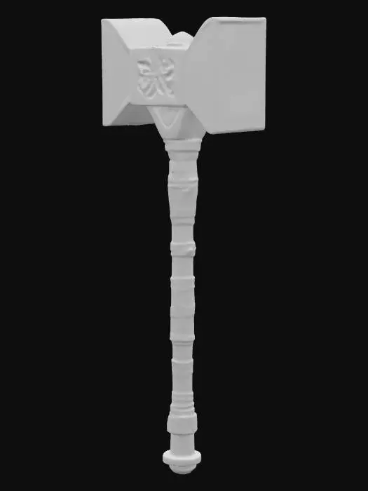 3D model for A highly realistic, gothic warhammer designed for a dark dungeon setting. The handle is rugged, aged bone with natural texture, wrapped tightly in deep red leather straps stained from dried blood.  The hammerhead is made of rough, weathered granite—massive and battle-worn—with a deep central crack emitting faint blue energy. The peen is soaked with dried blood. Faint glowing runic incantations are carved along the granite. Built for UE5.6 with PBR textures and realistic high-poly detail.