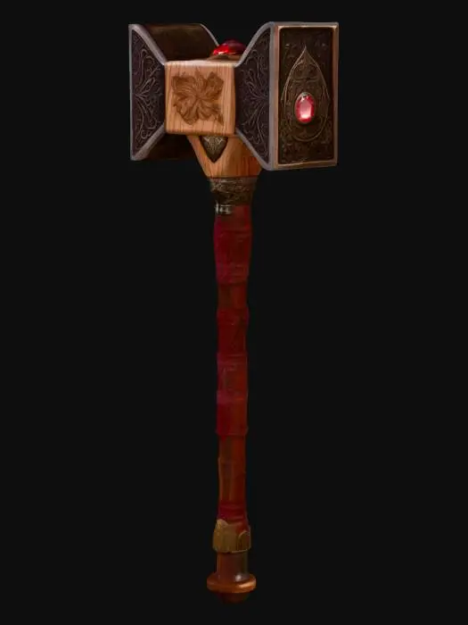 3D model for A highly realistic, gothic warhammer designed for a dark dungeon setting. The handle is rugged, aged bone with natural texture, wrapped tightly in deep red leather straps stained from dried blood.  The hammerhead is made of rough, weathered granite—massive and battle-worn—with a deep central crack emitting faint blue energy. The peen is soaked with dried blood. Faint glowing runic incantations are carved along the granite. Built for UE5.6 with PBR textures and realistic high-poly detail.