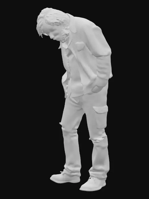 3D model for A highly detailed 3D model of a homeless man sitting on the ground, elbows resting on his knees, hands covering his head as if crying. His posture is slouched and heavy, expressing despair and exhaustion. He is thin, with messy hair and an unkempt beard. His clothes are worn and dirty: a stained brown jacket, faded brown pants with frayed edges, and old scuffed shoes. The fabric should look weathered, with wrinkles and discoloration. Place him in a realistic urban setting, like a cracked concrete sidewalk or against a rough brick wall, with subtle litter and dirt around. Use cinematic lighting with soft shadows to emphasize mood. Render in photorealistic, high-poly detail with realistic skin, fabric textures, and lifelike proportions.