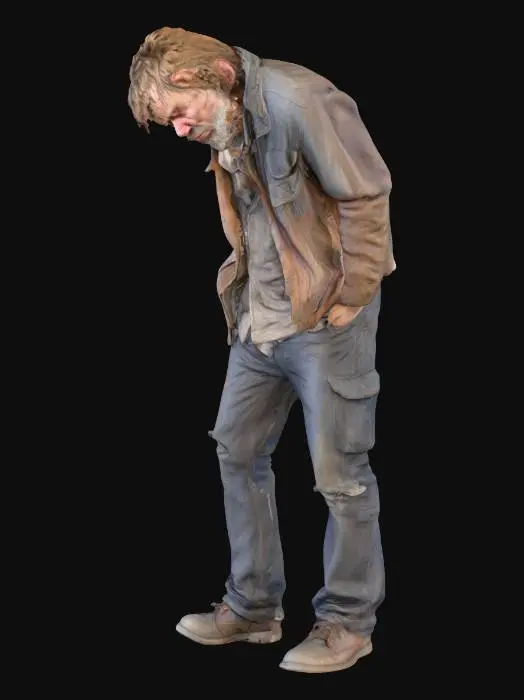 3D model for A highly detailed 3D model of a homeless man sitting on the ground, elbows resting on his knees, hands covering his head as if crying. His posture is slouched and heavy, expressing despair and exhaustion. He is thin, with messy hair and an unkempt beard. His clothes are worn and dirty: a stained brown jacket, faded brown pants with frayed edges, and old scuffed shoes. The fabric should look weathered, with wrinkles and discoloration. Place him in a realistic urban setting, like a cracked concrete sidewalk or against a rough brick wall, with subtle litter and dirt around. Use cinematic lighting with soft shadows to emphasize mood. Render in photorealistic, high-poly detail with realistic skin, fabric textures, and lifelike proportions.