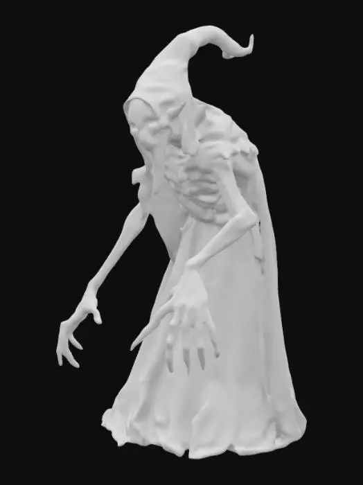 3D model for a terrifying, tall, gangly witch in Resident Evil video game, Unreal Engine 5 quality game model, ultra-realistic